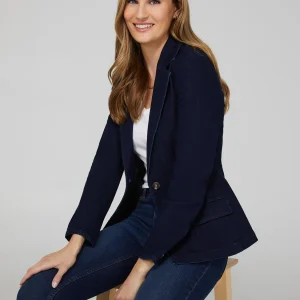 One-Button Denim Blazer With Flap Pockets