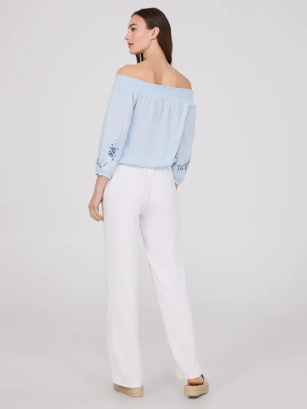 Embroidered Linen Off-The-Shoulder Top - Image 4