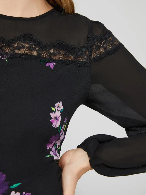 Long Balloon Sleeve Ditsy Floral Crew Neck Top - Image 6