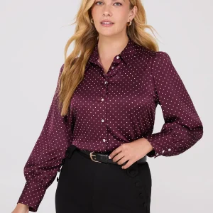 Dot Print Satin Volume Sleeve Button-Front Blouse