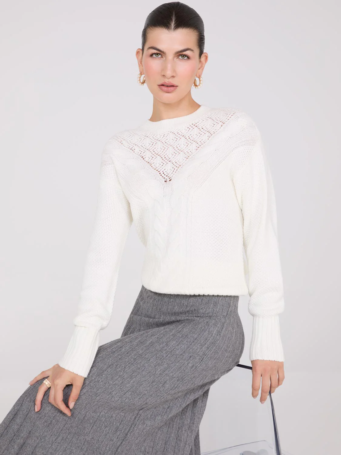 Cable Knit Pointelle Sweater - Image 7