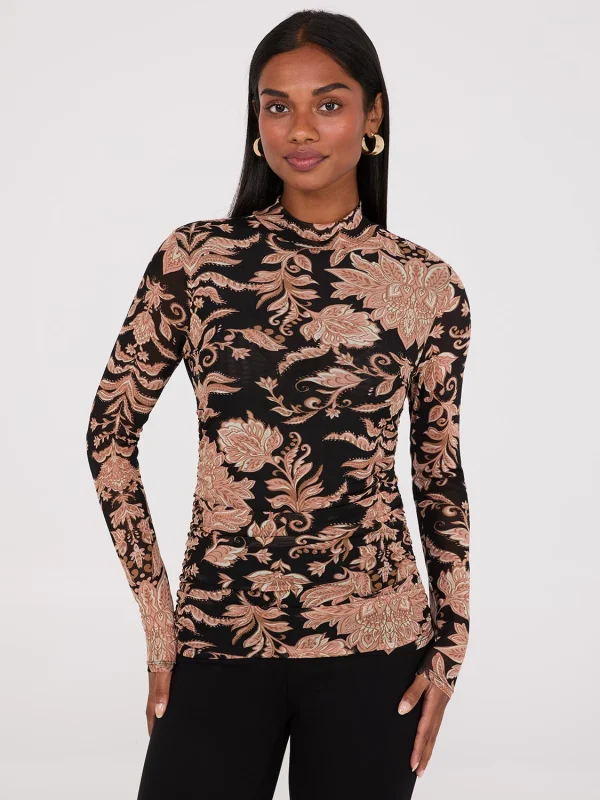 Abstract Print Mock Neck Mesh Top - Image 2