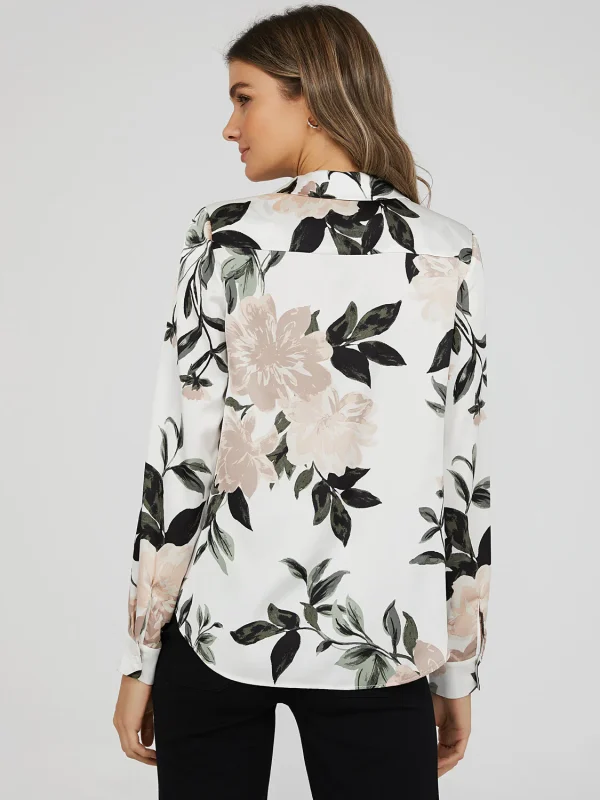 Printed Long Sleeve Split Neck Blouse - Image 4