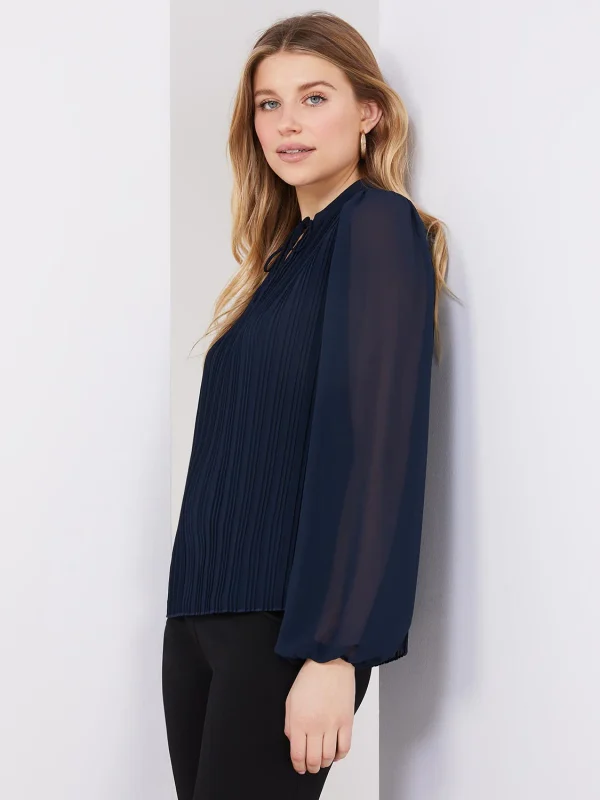Pleated Chiffon Split Neck Popover Blouse - Image 4