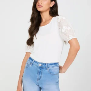 Flower Embroidered Eyelet Sleeve Top