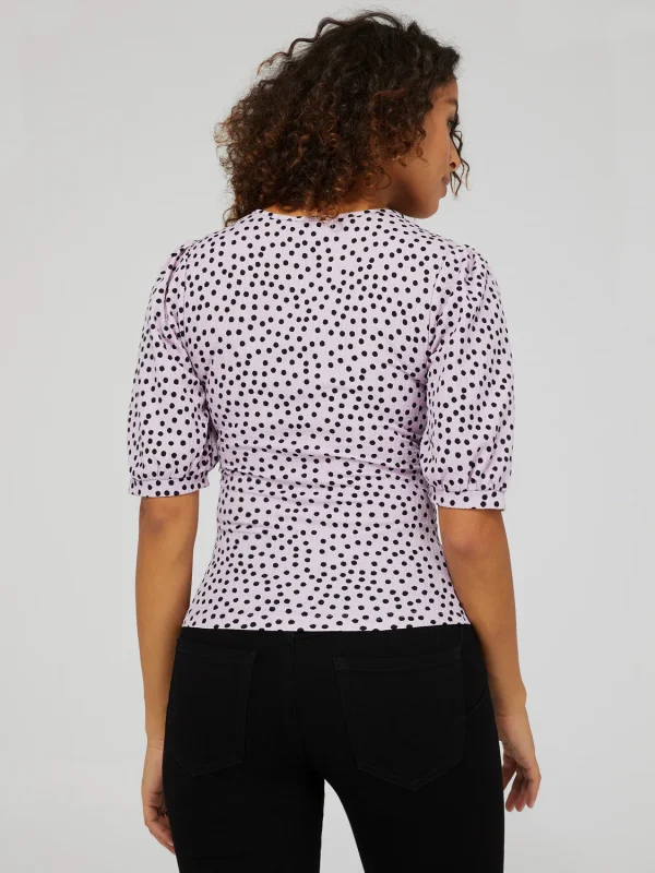 Printed V-Neck Button-Front Top With Puff Sleeves - Image 4
