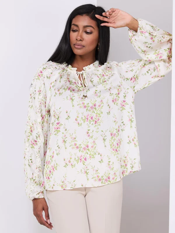 Floral Print Popover Blouse With Neck Tie - Image 3