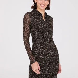 Animal Print Button-Front Gathered Mesh Dress