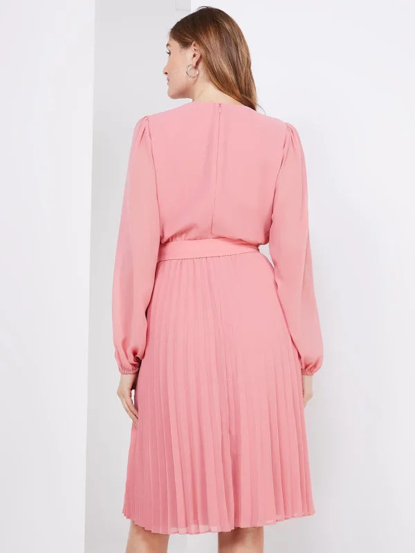 Crossover Belted Midi Dress With Pleated Skirt - Image 5