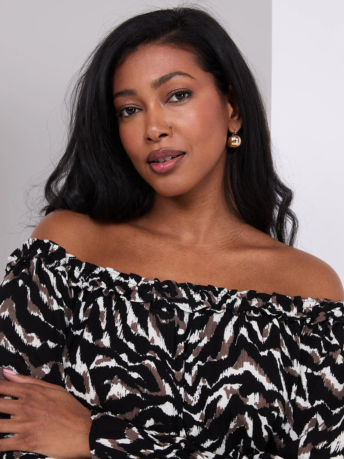 Animal Print Off-The-Shoulder Top With Ruffle Details - Image 2