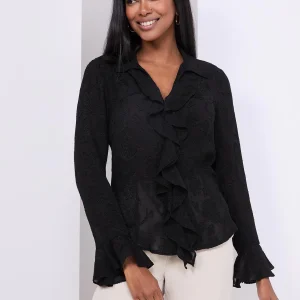 Textured Button-Front Blouse With Ruffle Details