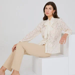Lace Button-Front Bow Blouse