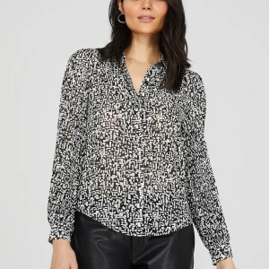 Printed Button-Front Blouse With Pleated Sleeves