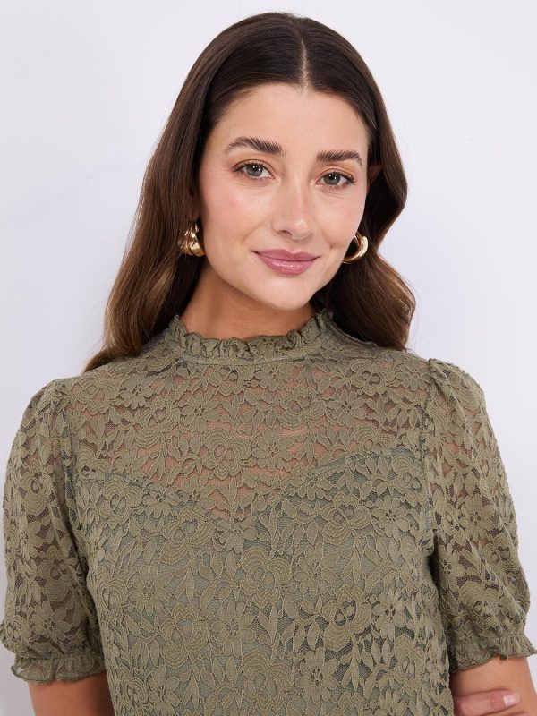 Floral Lace Mock Neck Short Sleeve Top - Image 9