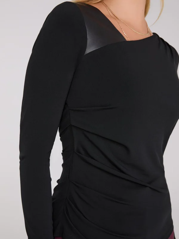 Asymmetrical Neckline Top With Faux Leather Detail - Image 3