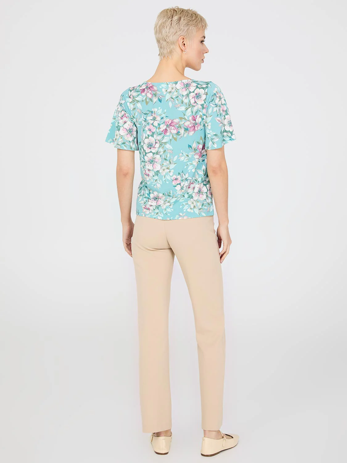 Floral Print Flutter Sleeve Boat Neck Top - Image 4