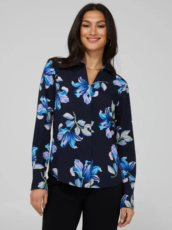 Floral Print Chiffon Split Neck Button-Front Blouse - Image 3