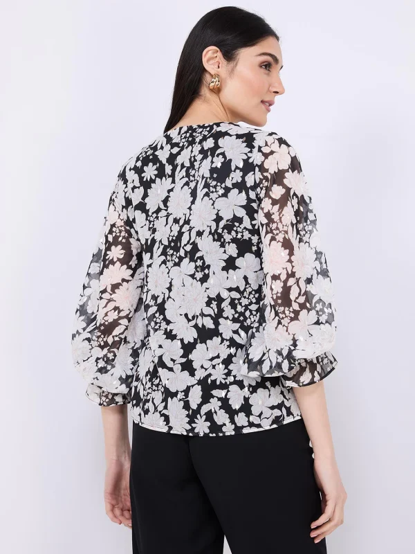 Floral Print Chiffon V-Neck Popover Blouse - Image 5