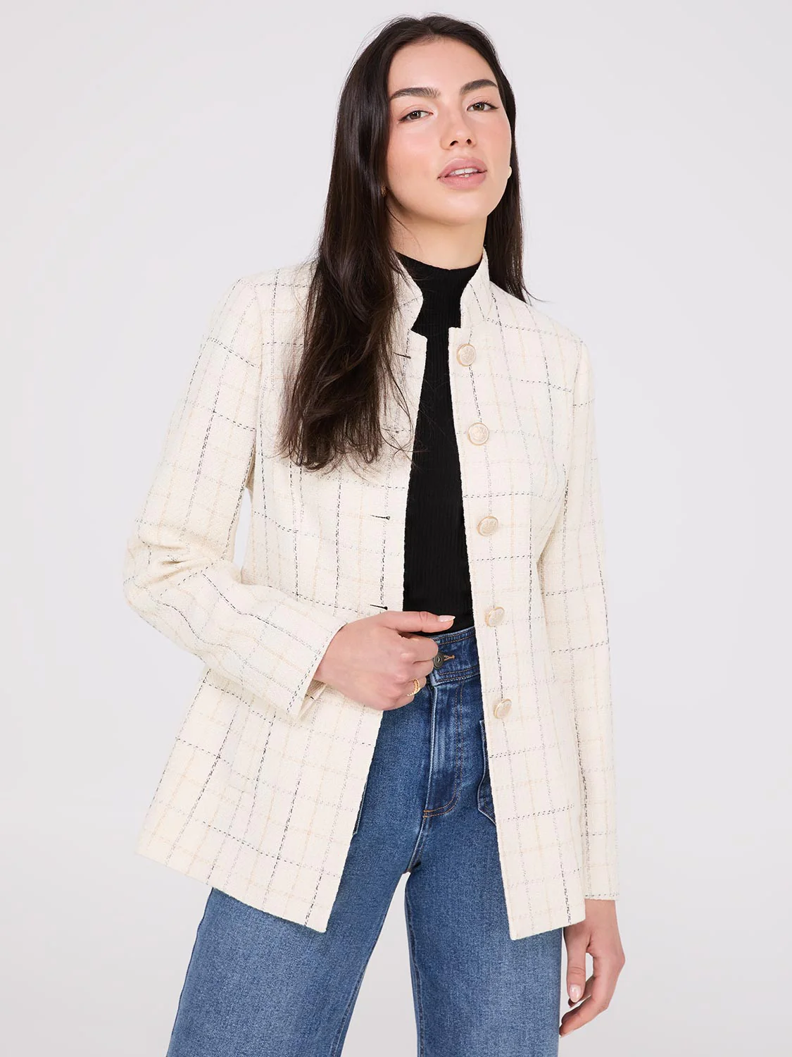 Boucle Button-Front Blazer With Mandarin Collar - Image 2