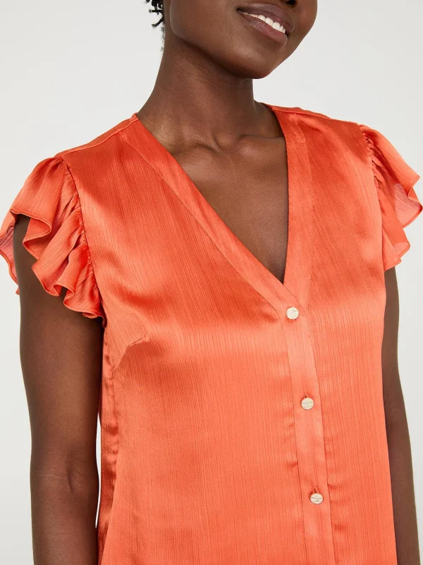 Crinkle Satin Ruffle Sleeve Button-Front Blouse - Image 4