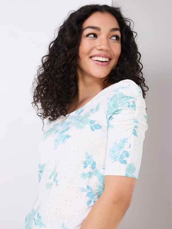 Floral Print Eyelet Top With Ruched Sleeves - Image 3