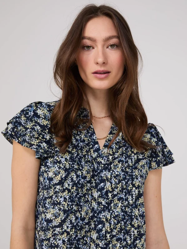 Floral Print Flutter Sleeve Button-Front Blouse - Image 2
