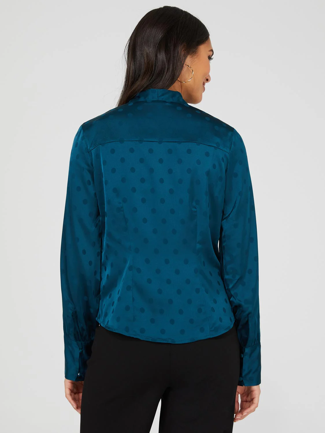 Polka Dot Jacquard Button-Front Bow Blouse - Image 6