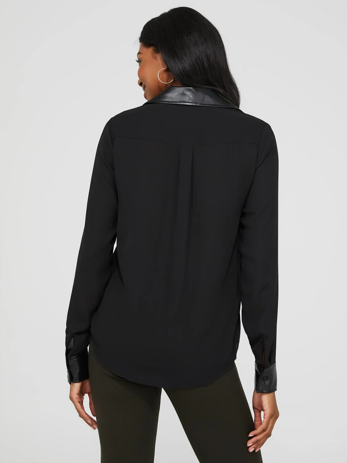 Chiffon Button-Front Blouse With Faux Leather Details - Image 5