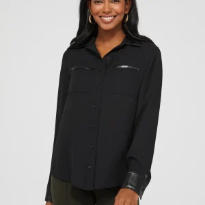 Chiffon Button-Front Blouse With Faux Leather Details