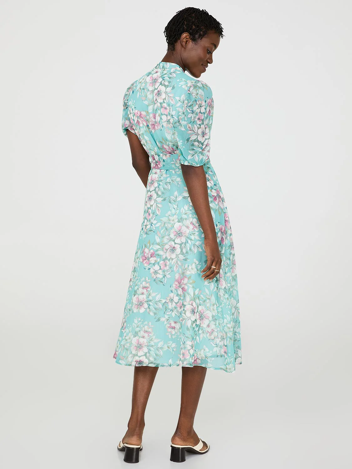Floral Print Split Neck Dress With Balloon Sleeves - Image 4