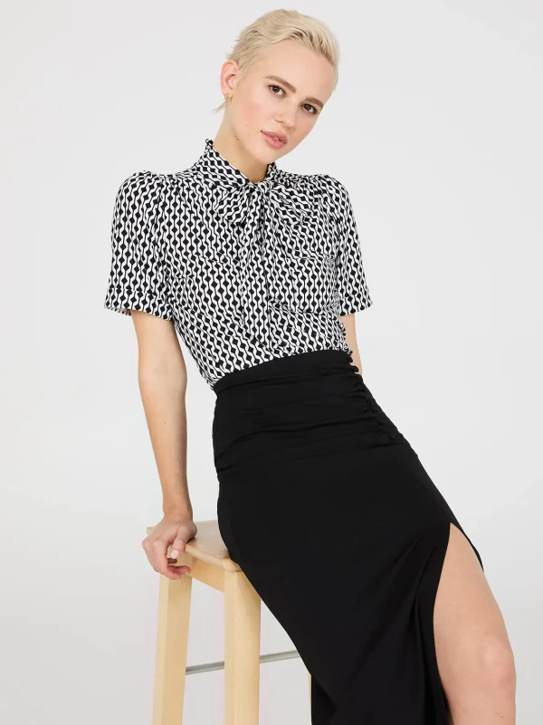 Geo Print Short Sleeve Tie-Neck Top - Image 3