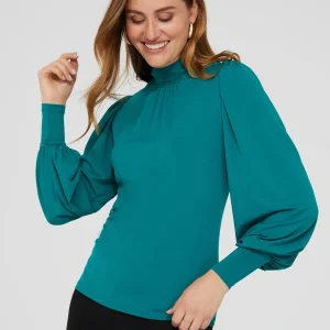 Balloon Sleeve Mock Neck Top With Rhinestone Detail