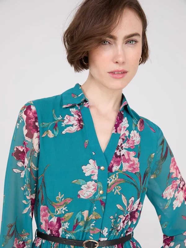 Floral Print Belted Chiffon Dress - Image 3