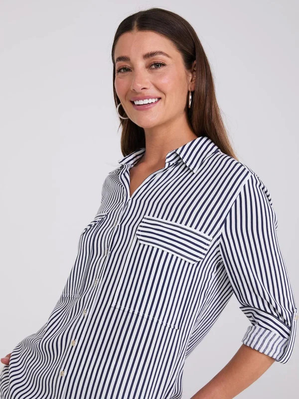Striped Button-Up V-Neck Blouse - Image 2
