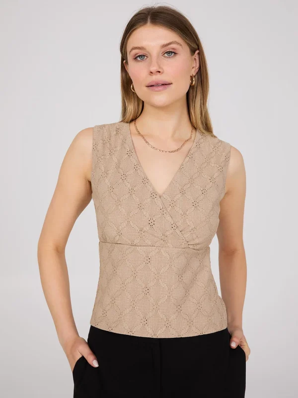 Sleeveless Crossover Front Eyelet Top - Image 3