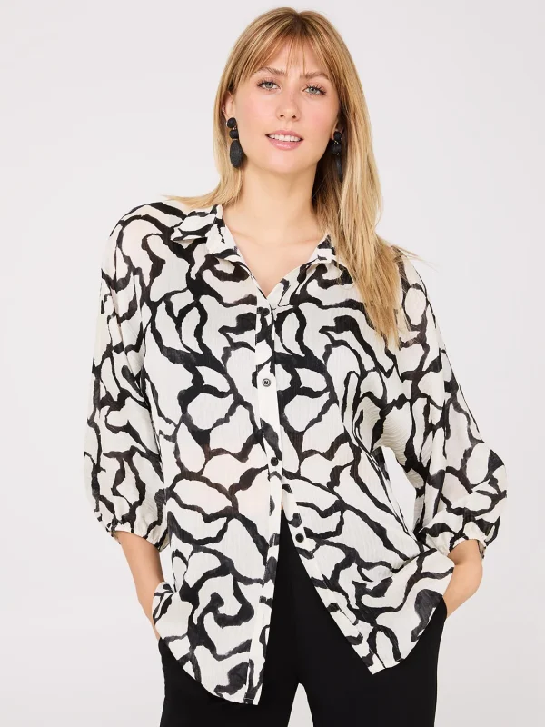 Abstract Print Crinkle Button-Front Blouse - Image 2