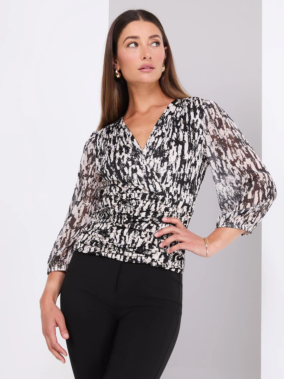 Abstract Print 3/4 Sleeve Crossover Top - Image 2