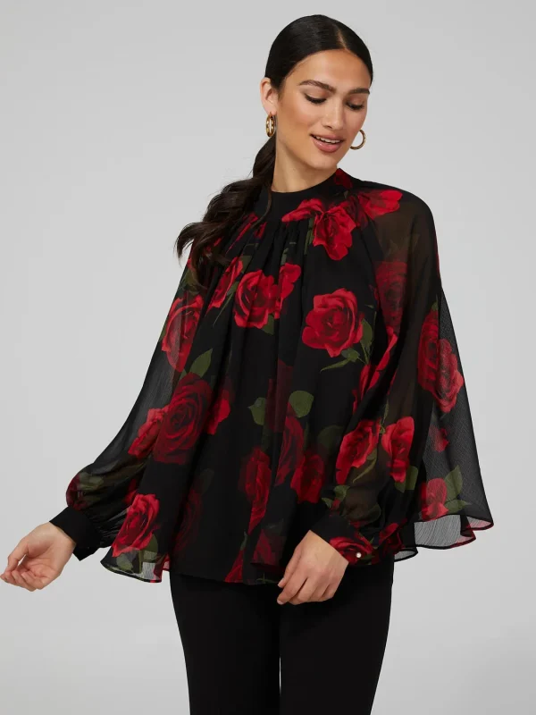 Floral Print Chiffon High Neck Blouse With Voluminous Sleeves - Image 4