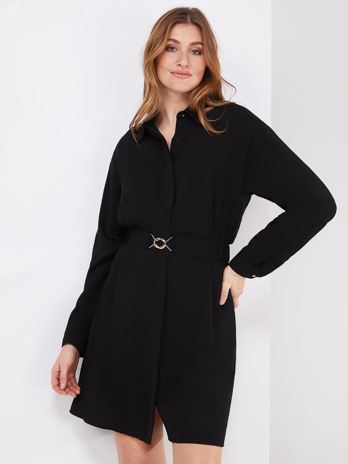 Button-Front Mini Shirt Dress With Belt - Image 2