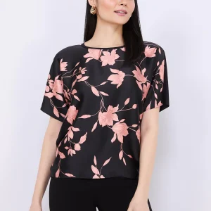 Floral Print Satin Front Dolman Sleeve T-Shirt