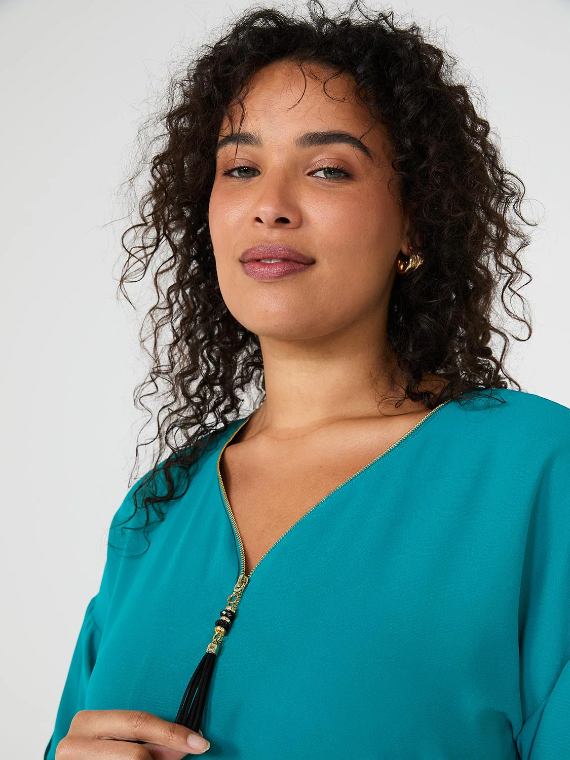 Geo Print Zip Front V-Neck Top - Image 3