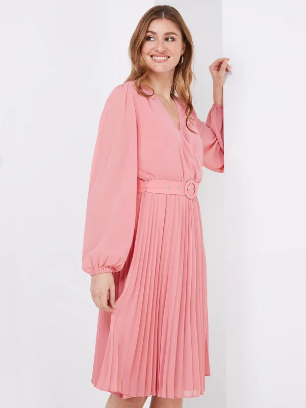 Crossover Belted Midi Dress With Pleated Skirt - Image 2