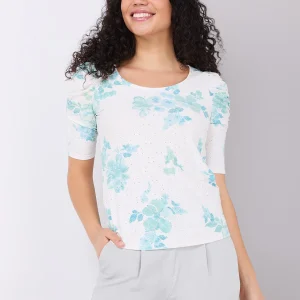 Floral Print Eyelet Top With Ruched Sleeves