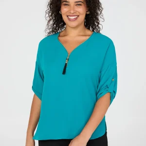 Geo Print Zip Front V-Neck Top