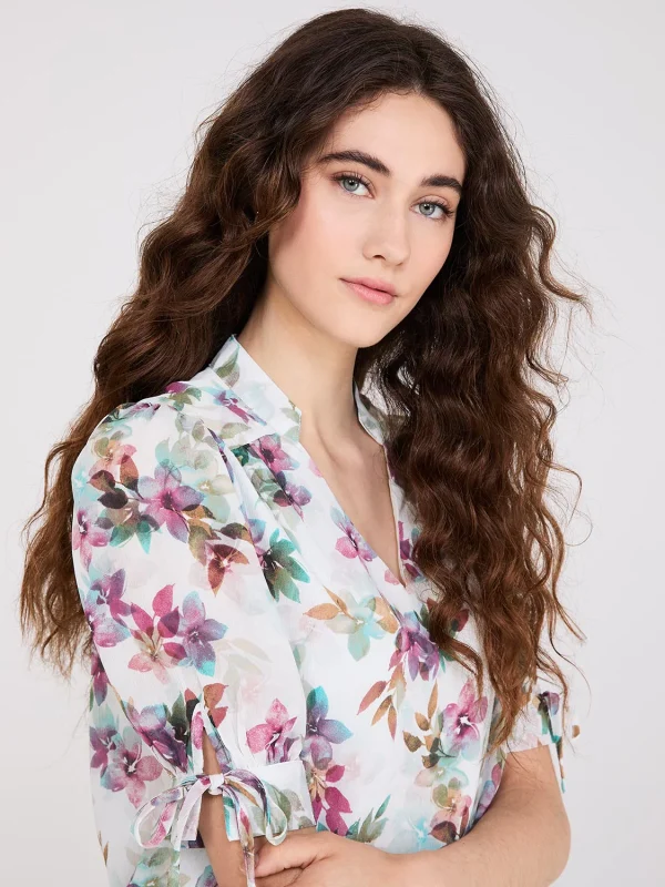 Floral Print Split Neck Tie Sleeve Blouse - Image 2