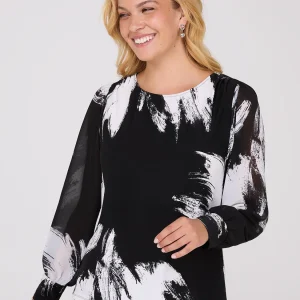 Printed Long Chiffon Sleeve Boat Neck Top