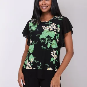 Floral Print 2-Fer Chiffon Crew Neck Top