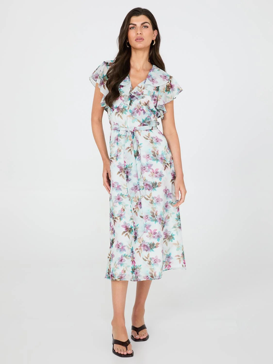 Floral Print Chiffon Midi Dress With Ruffle Details - Image 3
