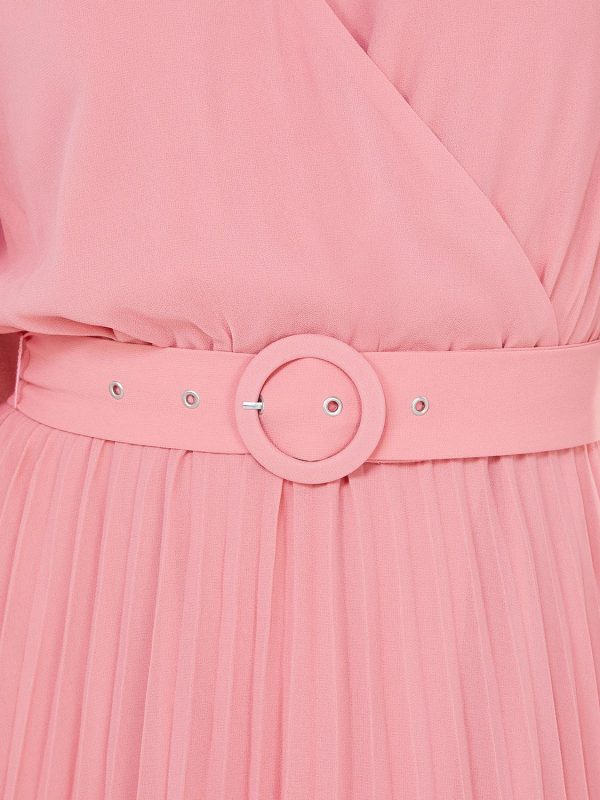Crossover Belted Midi Dress With Pleated Skirt - Image 6