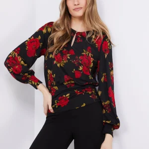 Textured Floral Print Top With Front Keyhole